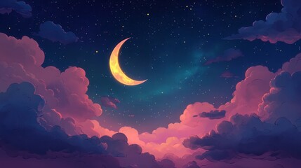 Fototapeta premium Dreamy Nightscape Crescent Moon, Pink Clouds, and Starry Sky - Digital Painting Illustration
