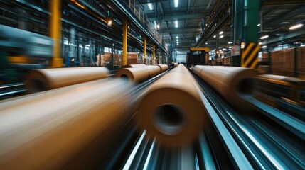 Paper Rolls Moving on a Conveyor Belt in a Factory