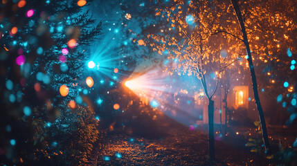 Evening forest illuminated by colorful lights and soft fog in autumn. 