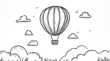 Cute line drawing of a balloon flying in the sky