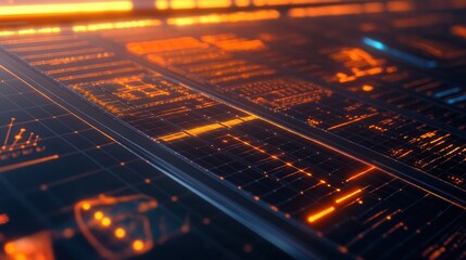 Fototapeta premium Abstract Futuristic Technology Interface Glowing Orange Grid Network Data Visualization