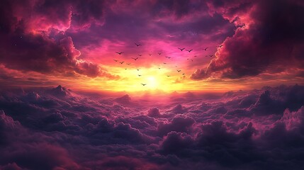 Naklejka premium Crimson Sky: A vibrant, ethereal sunset paints the sky in hues of crimson and gold, as a flock of birds soars through a sea of clouds. The scene evokes a sense of wonder, peace.