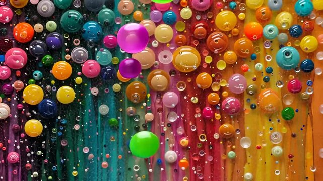 A myriad of colorful beads and bubbles fills the canvas, creating an explosion of hues. The vibrant arrangement forms an eye-catching abstract piece