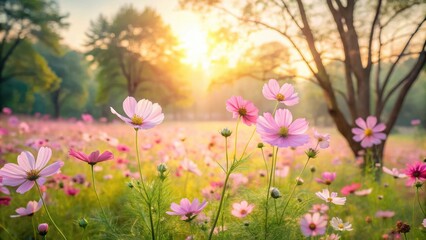 Fototapeta premium A sea of delicate cosmos flowers swaying gently in a serene meadow landscape with a soft focus on pastel hues and warm sunlight filtering through trees , beautiful field, sunny day