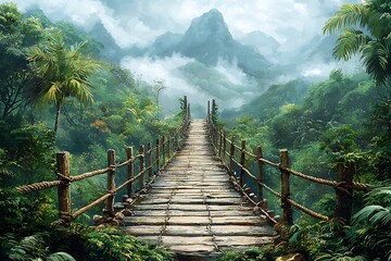 Obraz premium Wooden Bridge Leading Through a Lush Tropical Jungle towards Misty Mountains.