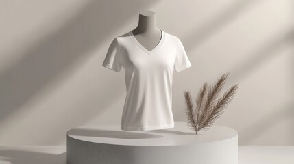 Minimalist Mockup White V-Neck T-Shirt on Modern Display Pedestal with Pampas Grass