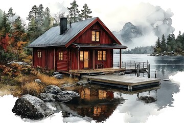Fototapeta premium A picturesque watercolor painting of a cozy red cabin nestled on a tranquil lake surrounded by stunning autumnal scenery and majestic mountains.
