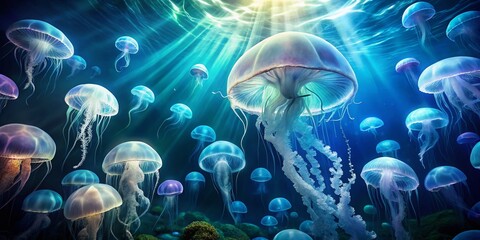 Obraz premium Mesmerizing Blue Jellyfish: Underwater Documentary Photography