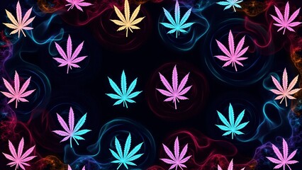 Psychedelic cannabis pattern with swirling rainbow gradients, glowing leaves, and neon aesthetics on black. Vibrant, bold, and dynamic design