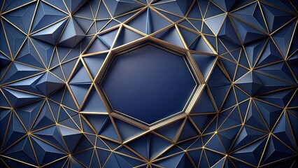 Intricate polygonal shape made from luxurious dark blue hues with subtle gold accents creating a sense of opulence and sophistication, geometric, high end