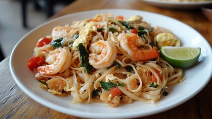 Pad Thai stir-fried noodles with shrimp lime and egg on a wooden table
