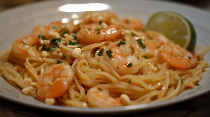 Traditional Thai Pad Thai stir-fried noodles served with shrimp and lime
