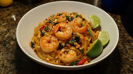 Authentic Pad Thai stir-fried noodles with shrimp served with lime and vegetables