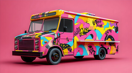 A vibrant food truck adorned with colorful graffiti patterns, designed for serving food on the go.
