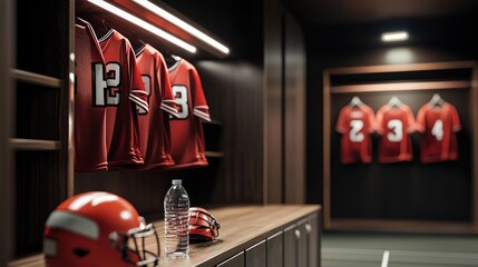 American Football Team Locker Room: Red Jerseys and Helmets