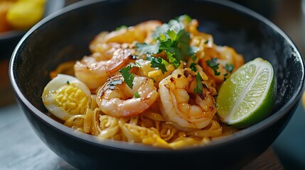 Close-up of Pad Thai noodles with shrimp and egg served with lime garnish
