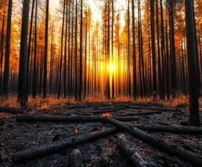 Obraz premium A breathtaking view of a forest at sunset, showcasing the contrast between charred trees and glowing orange hues, capturing nature's resilience amidst destruction.