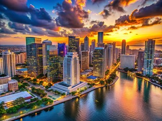 Obraz premium Miami Dusk Aerial Photography: Stunning Downtown Skyline at Golden Hour