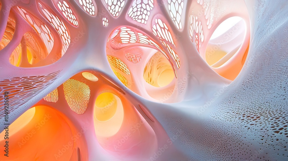 Fototapete abstract 3d rendering of a complex, organic structure with interconnected cavities and glowing inner