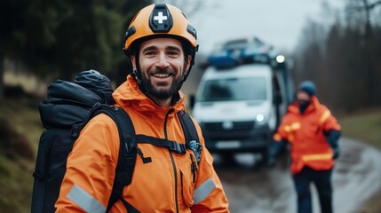 Fototapeta premium Cheerful Rescue Worker in Orange Jacket Wearing Helmet on Mountain Road with Team and Vehicle in Background