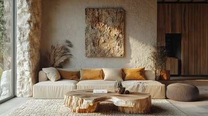 Live edge wooden coffee table in boho style living room with beige sofa
