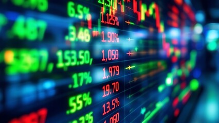 Close-up of a stock market ticker display showing live stock prices, trading data, and market trends. Perfect for finance, investment, and business analysis projects.