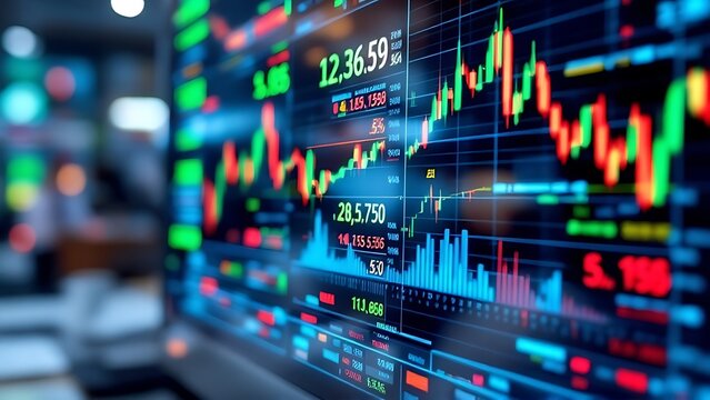 Close-up of a stock market display showing financial data, trading charts, and stock prices. Ideal for finance, investment, business analysis, and economic presentations. - Powered by Adobe
