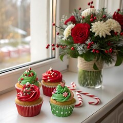 Christmas cupcakes and festive bouquet