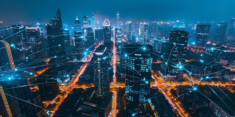 Futuristic city with glowing network connections, Advanced smart city infrastructure at night