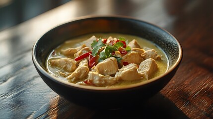 Traditional Thai green curry with chicken served in a bowl on a dark wooden table
