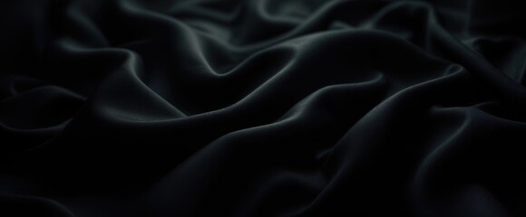 Obraz premium A close-up of luxurious black silk fabric with intricate folds and smooth textures, creating a soft and elegant appearance. The lighting highlights the glossy surface and rich details of the material.