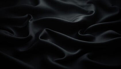 Obraz premium A close-up of luxurious black silk fabric with intricate folds and smooth textures, creating a soft and elegant appearance. The lighting highlights the glossy surface and rich details of the material.