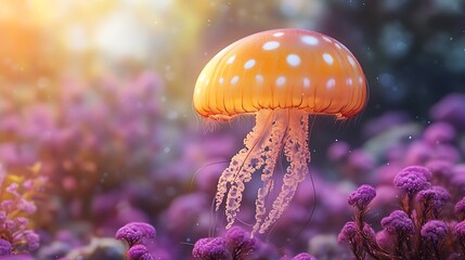 Enchanted Jellyfish: An orange jellyfish with white polka dots gracefully floats amidst a vibrant purple coral reef, bathed in warm, ethereal sunlight.  A captivating underwater scene.