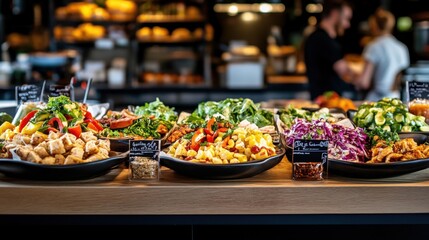Obraz premium Fresh and Colorful Salad Bar with Variety of Seasonal Vegetables, Fruits, and Toppings in Modern Cafe