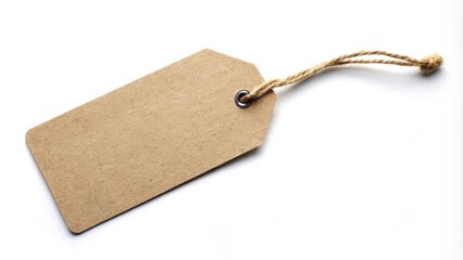 A blank price tag tied with a thin string isolated on white background, plain, attachment,  plain, attachment, empty,price label