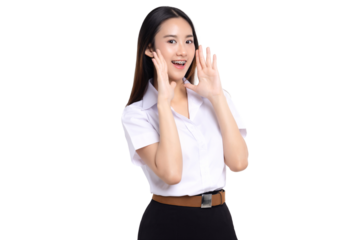 Portrait confident braces teeth teen student girl of Asian ethnicity in university uniform isolated over white color background.