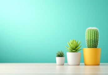 Three Succulents in Modern Pots Against a Teal Wall