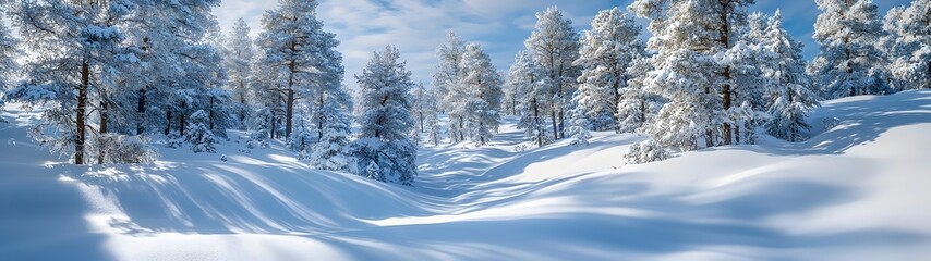 Obraz premium A serene winter landscape featuring snow-covered trees in a tranquil setting, capturing the beauty and stillness of nature in a pristine snowy environment.