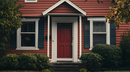 Red House Exterior with Red Door and Green Shutters