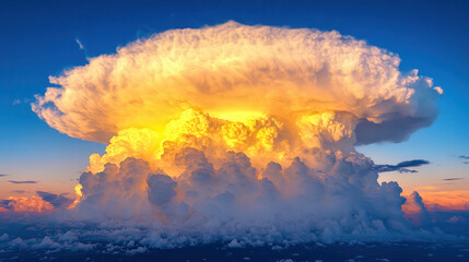 A vibrant photorealistic depiction of a massive cloud formation in a bright sky, the sunlight creating a golden rim along the edges of the cloud, soft wispy clouds scattered in the background, dramati