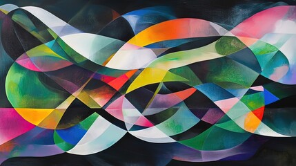 Obraz premium Abstract colorful painting with flowing, intertwining shapes and vibrant hues on a dark background.