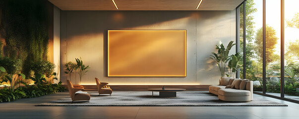 Modern living room with large artwork, natural light, and lush greenery.