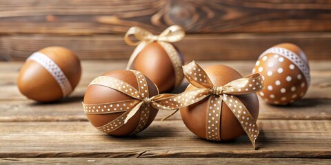 Easter decorated brown eggs with ribbon tied on a wooden table background, festive decor