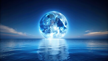 Large Full Blue Moon Over Calm Ocean, shadows, blue moon,  shadows, blue moon, vast, surface, peaceful, sky, lunar, water