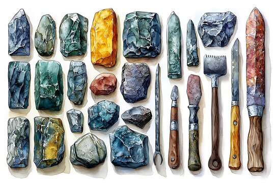 Watercolor illustration of a collection of assorted flintstones and ancient tools.