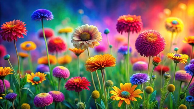 Colorful psychedelic flowers blooming in a field of vibrant colors with a subtle gradient effect , flowers, psychedelic,  flowers