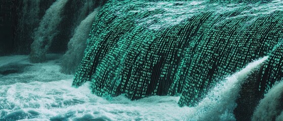 Abstract Waterfall of Binary Code Digital Data Flowing Like Water, Technology and Nature Concept
