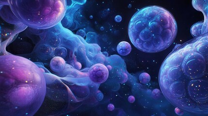 Abstract Cosmic Nebula Vibrant Purple and Blue Celestial Spheres, Glowing Gas Clouds, and Sparkling Stardust Background - Digital Art