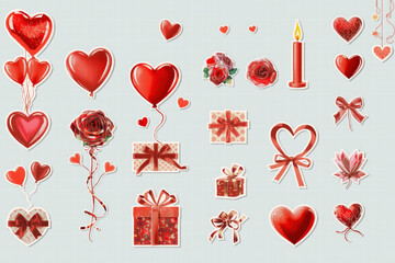 collection of red Valentine themed stickers featuring hearts, roses, balloons, gifts, and candle, perfect for romantic occasions and celebrations