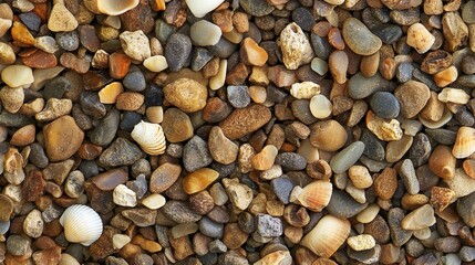 High-Resolution Close-Up of Colorful Beach Pebbles and Seashells Natural Texture Background